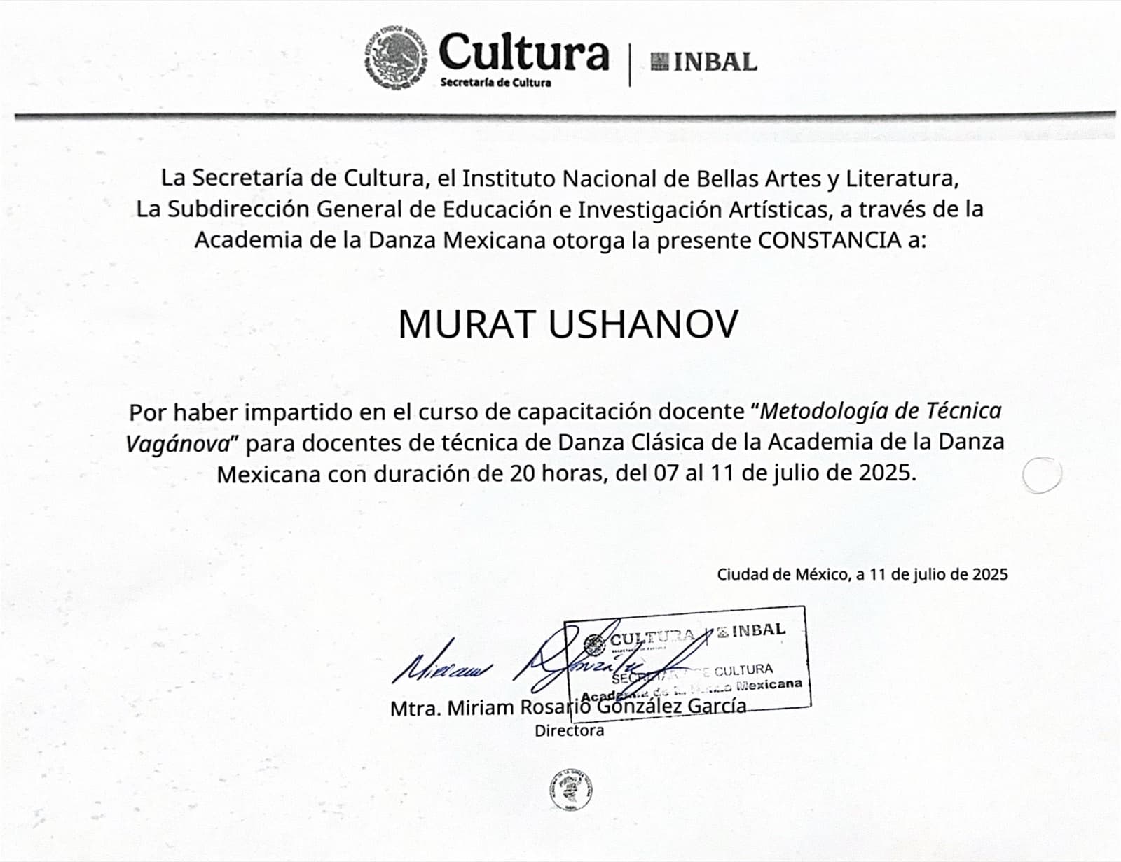 Constancia de la Secretaría de Cultura y el INBAL